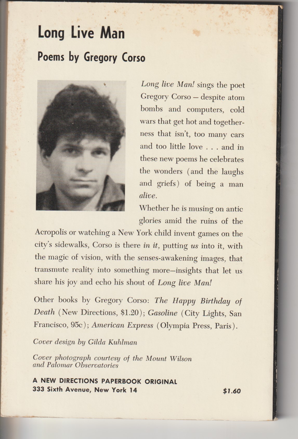 Long Live Man by CORSO, Gregory: Very Good sharp unmarked