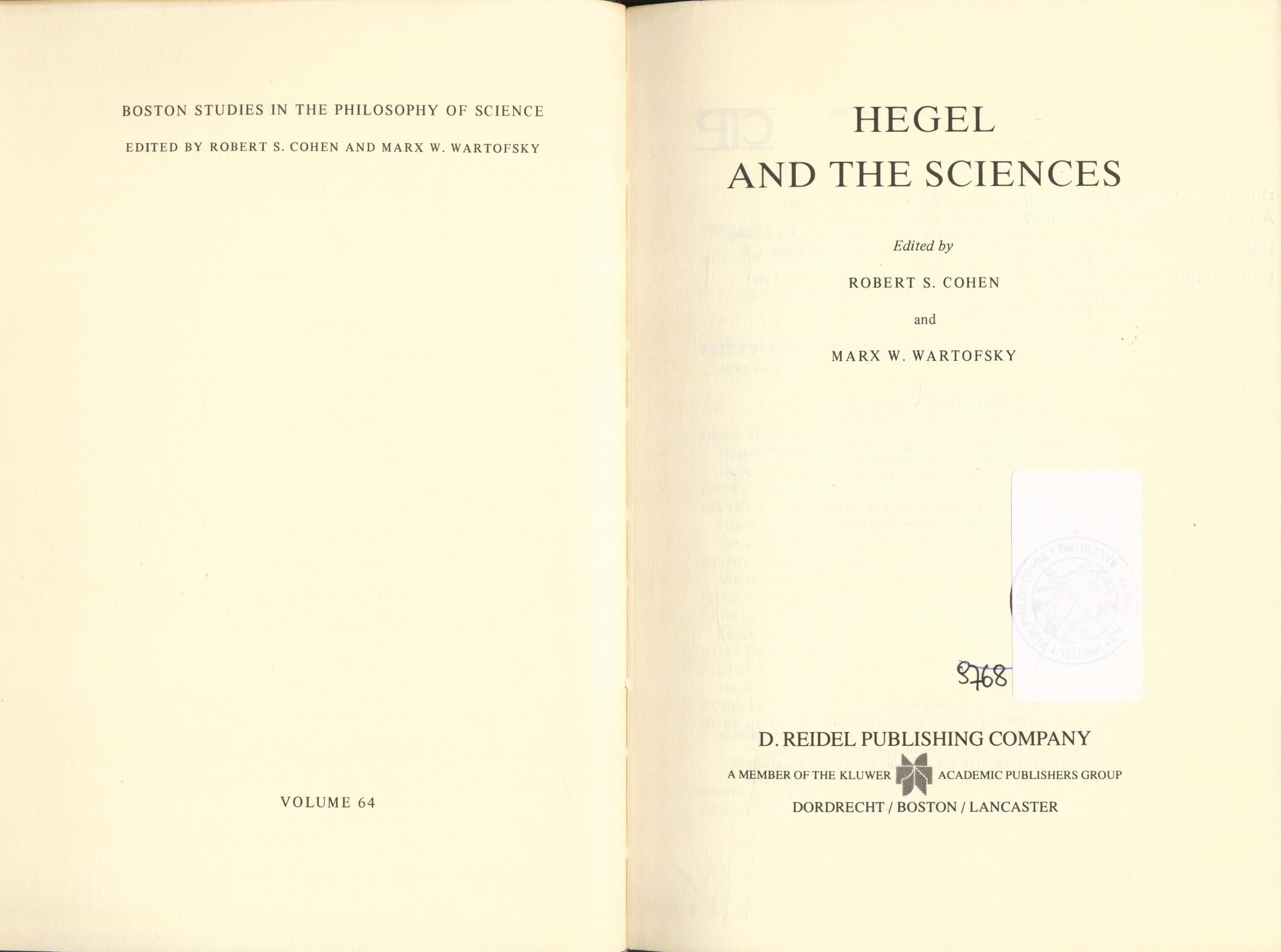 Hegel and the Sciences - Cohen, Robert S. und Marx W. Wartofsky