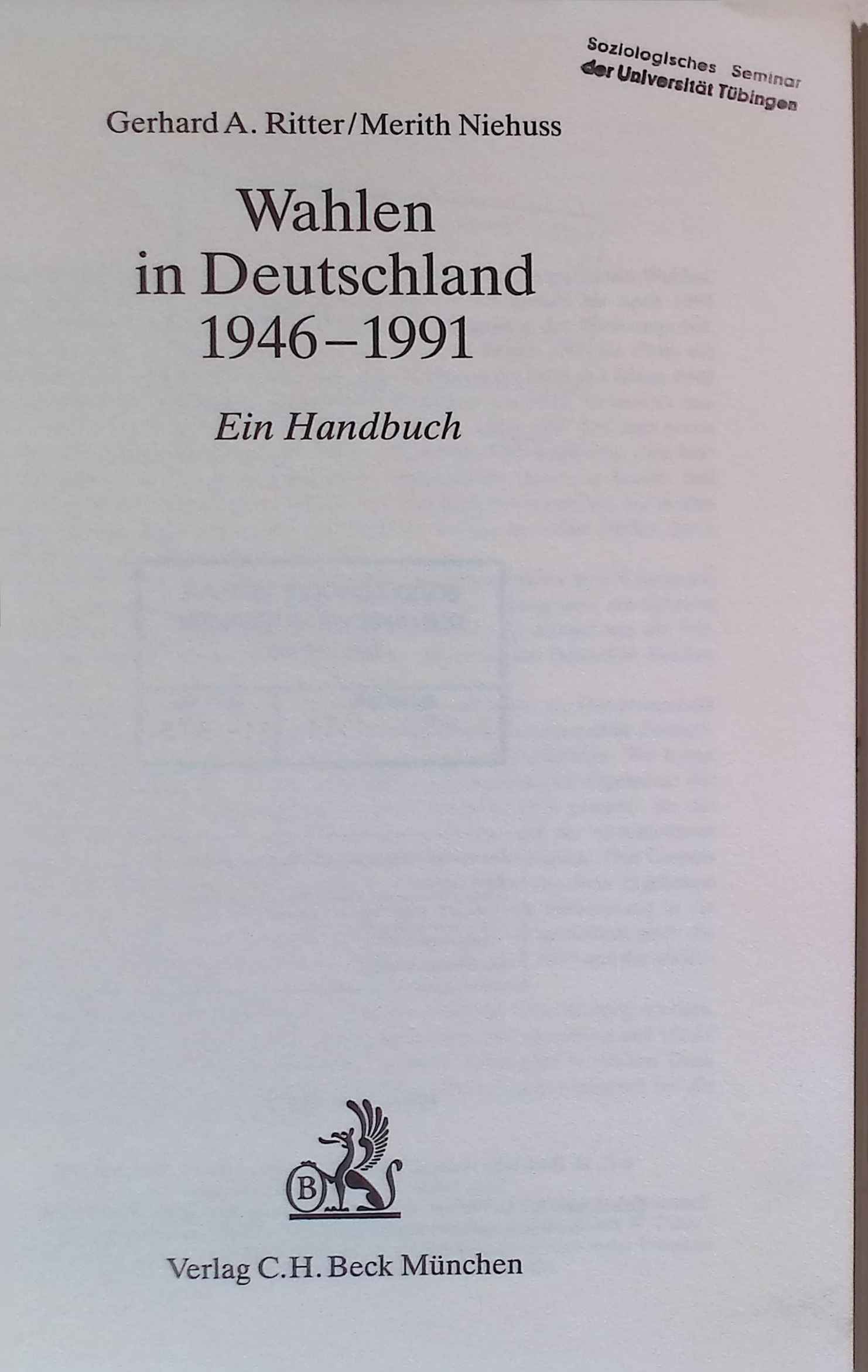 Wahlen in Deutschland 1946 - 1991 : ein Handbuch. - Ritter, Gerhard A. und Merith Niehuss