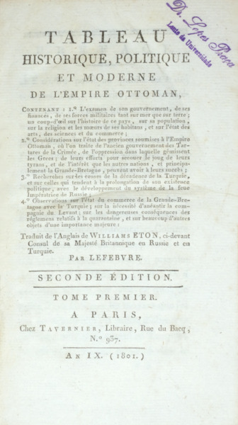 TABLEAU HISTORIQUE, POLITIQUE ET MODERNE DE L?ÉMPIRE OTTOMAN, ETON. (William) [Good] [Hardcover]