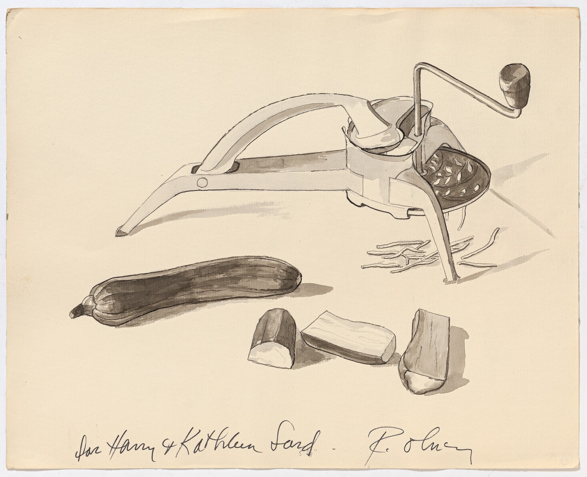 [Original Art]: Mouli-Juliènne and Zucchini. An Original Illustration from Simple French Food, Inscribed to the Book's Designer, Harry Ford OLNEY, Ri