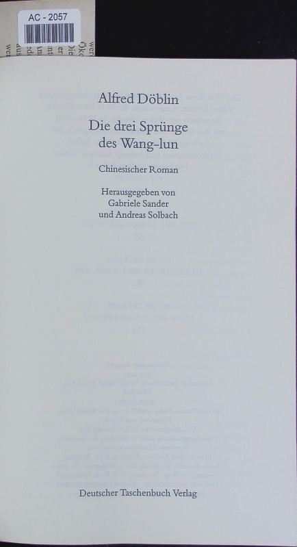 Die drei Sprünge des Wang-lun. Chinesischer Roman. - Döblin, Alfred