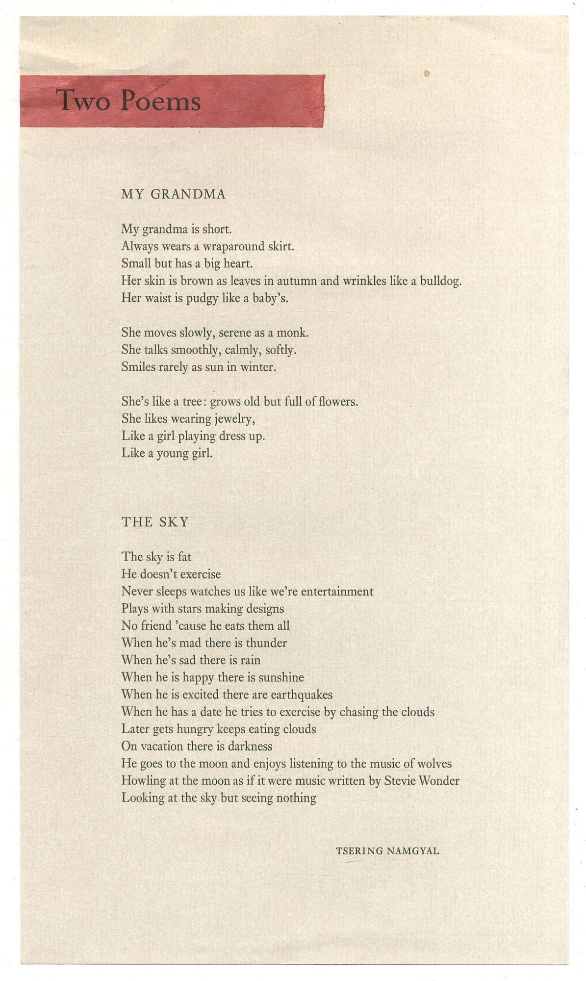 [Broadside]: Two Poems: My Grandma [and] The Sky by NAMGYAL, Tsering ...