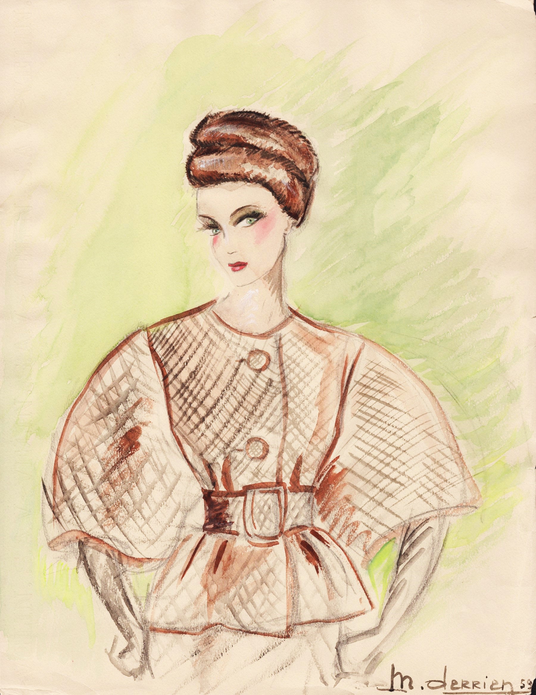 (Portrait of a woman wearing a fur coat and hat) - Mode fashion Kleid / woman femme Frau / fur coat Pelzmantel hat Hut Gürtel belt Derrien, M.: [ ]