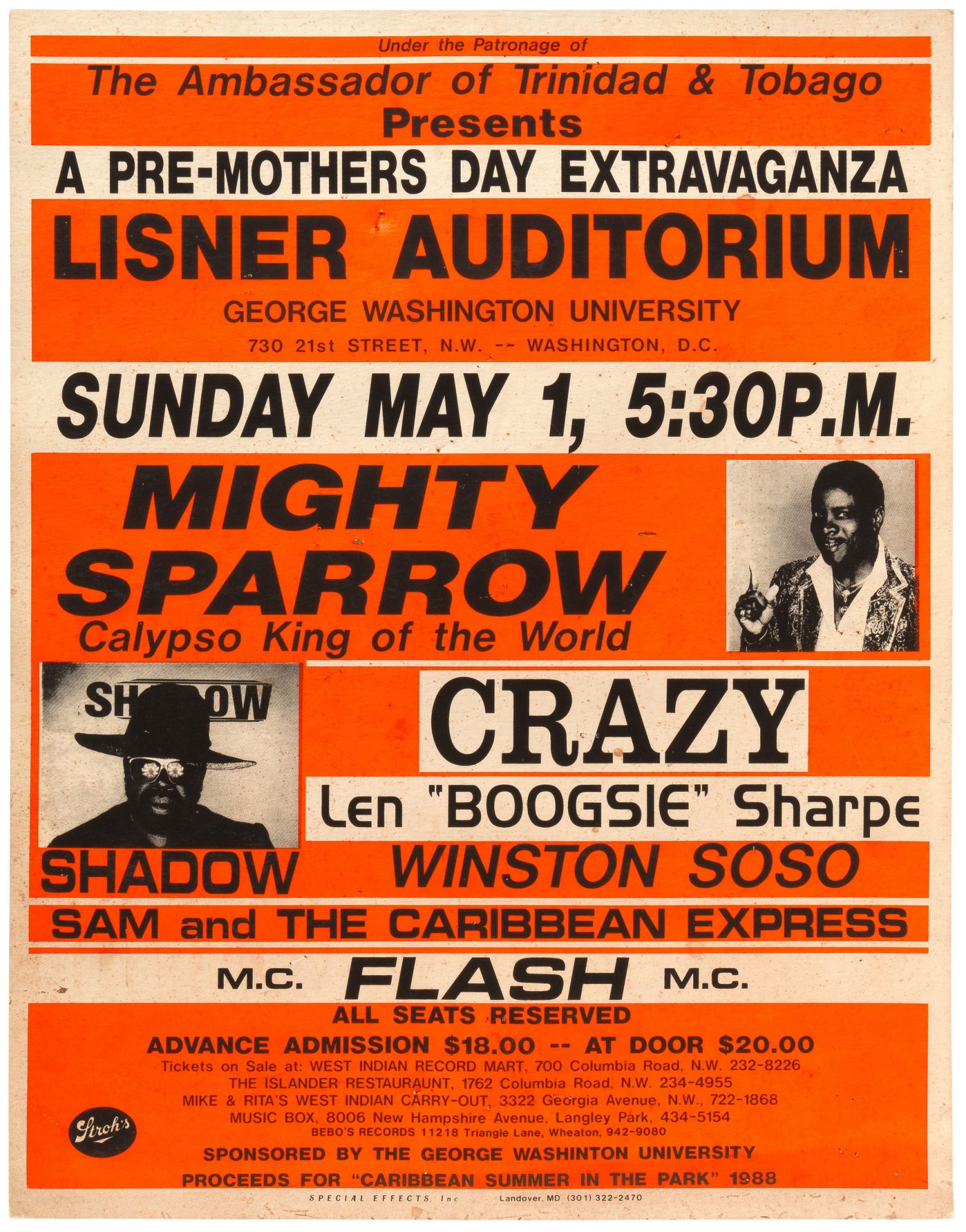 [Poster]: Under the Patronage of The Ambassador of Trinidad & Tobago Presents a Pre-Mothers Day Extravaganza. Mighty Sparrow: Calypso King of the Wor