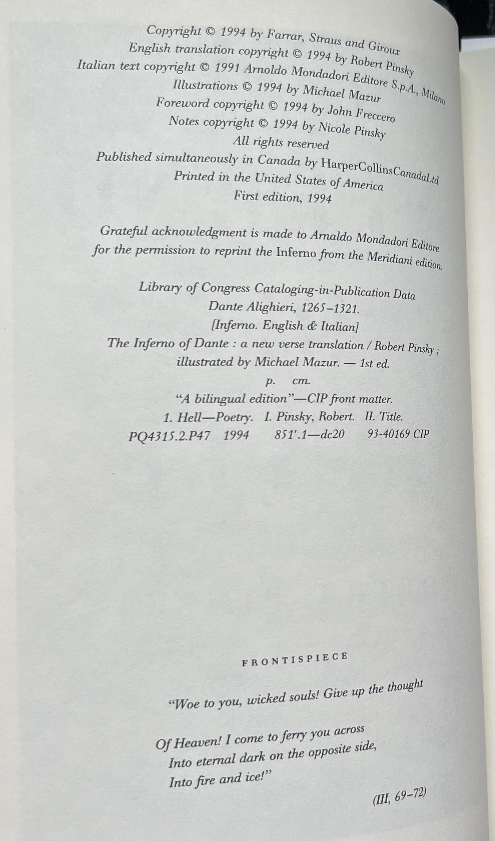 The Inferno Of Dante by Robert Pinsky: Fine Hardcover (1994) 1st ...