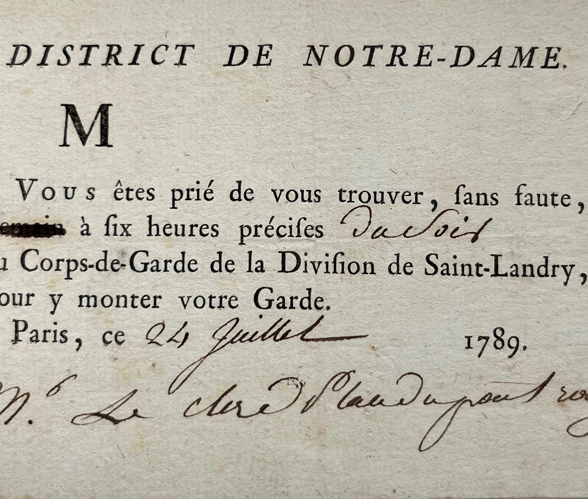 Convocation du 24 juillet 1789 pour monter la garde au District de Notre-Dame [ ]