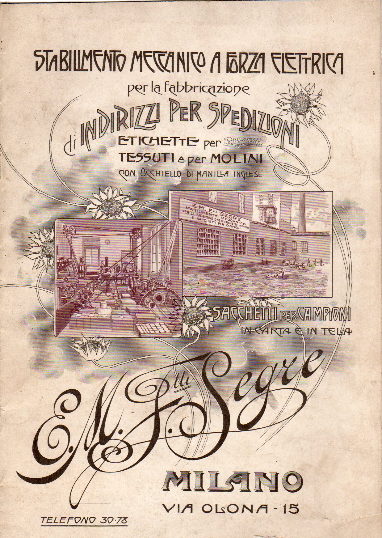 Abebooks E. M. Segre - Stabilimento meccanico a forza elettrica per la fabbricazione di indirizzi per spedizioni etichette per tessuti e per molini con occhiello di manilla inglese - Catalogo prodotti