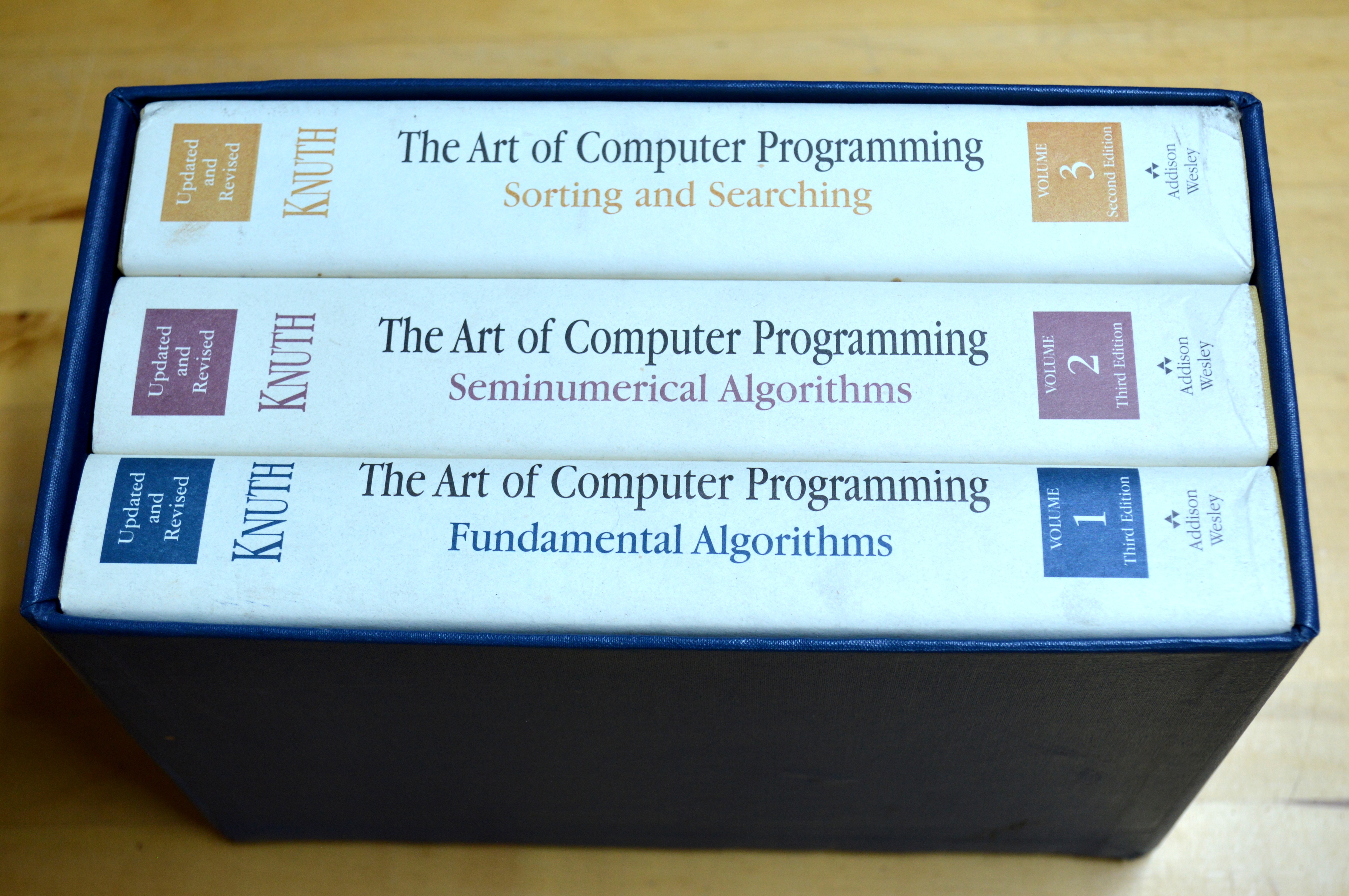 The Art of Computer Programming, 3 Volumes: 1. Fundamental Algorithms (3rd edition); 2. Seminumerical Algorithms (3rd edition); 3. Sorting and Searching (2nd edition) - Donald E Knuth