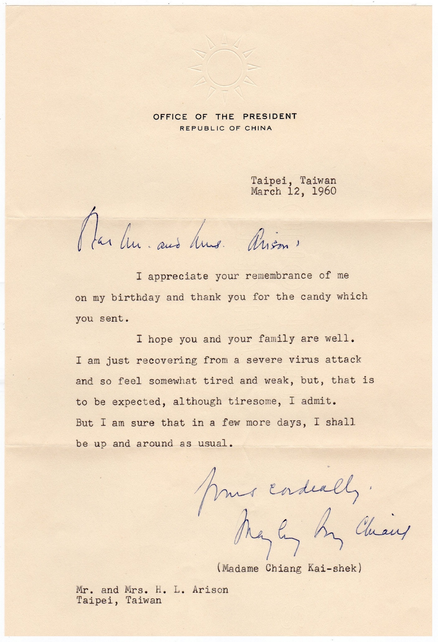 Madame Chiang Kai-Shek (1898-2003) - Typed letter signed by Madame ...