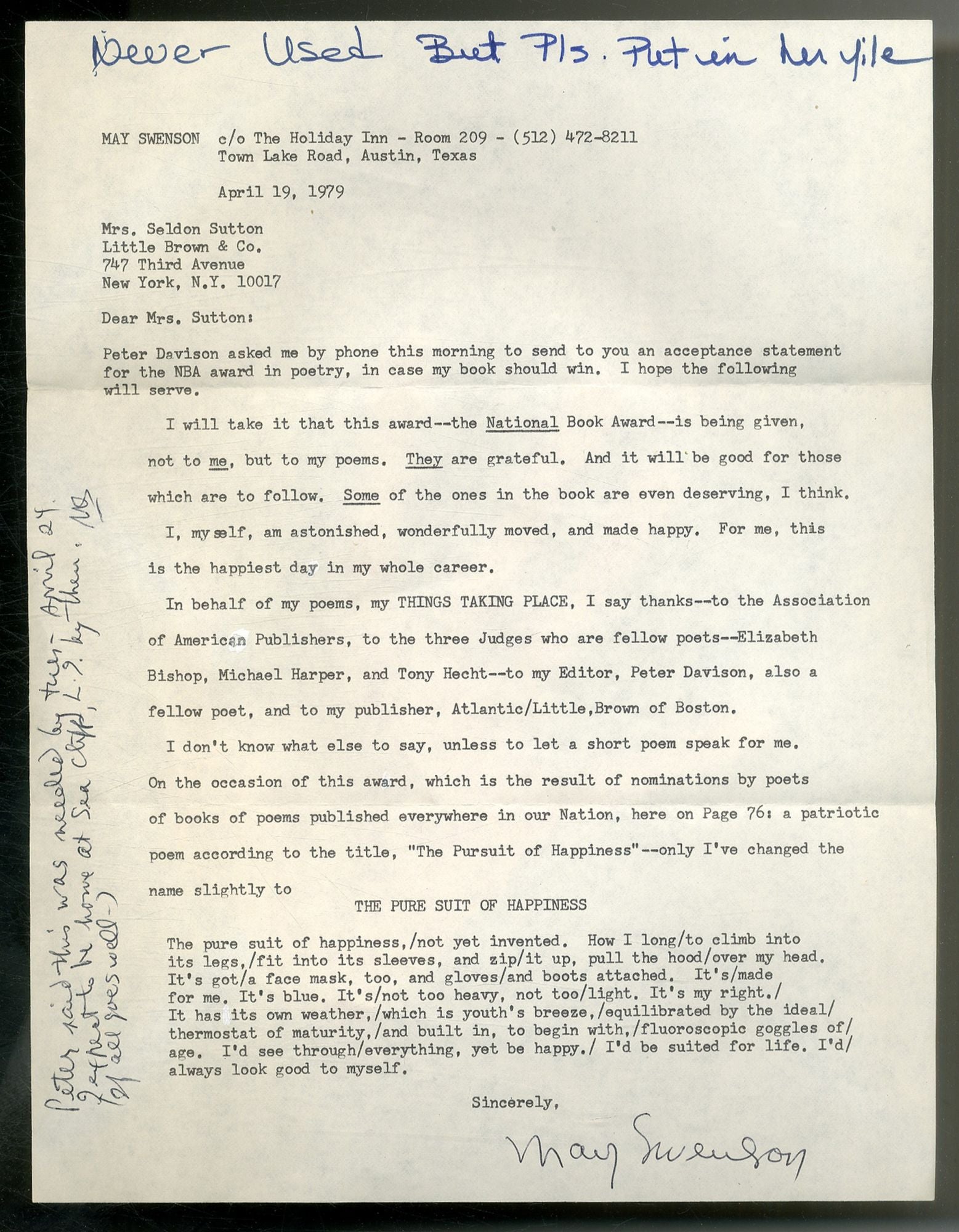 [Signé] Unused Manuscript Acceptance Speech for the National Book Award for Poetry SWENSON, May [Bon]