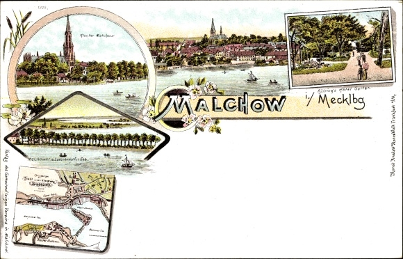 Litho Malchow in Mecklenburg, Kloster, Bühring's Hotel Garten