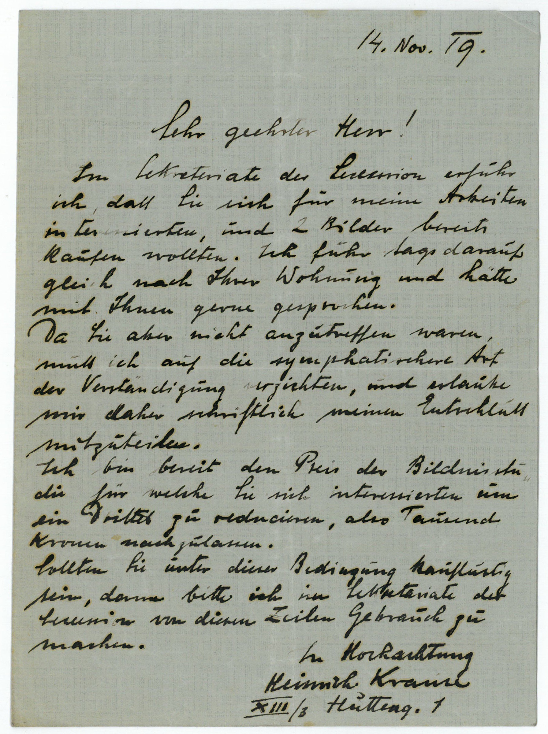 Eigenh. Brief mit U. Krause, Heinrich, Maler (1885-1983). [ ]