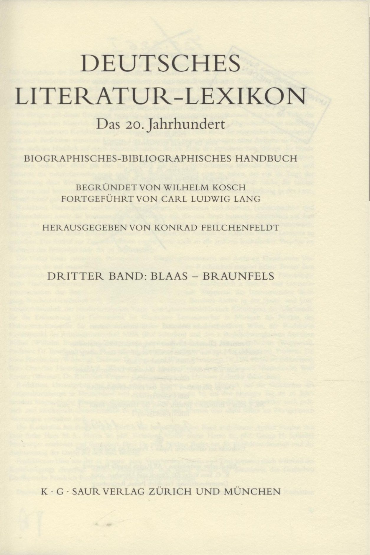 Deutsches Literatur-Lexikon Das 20. Jahrhundert - Kosch, Wilhelm und Carl Ludwig Lang