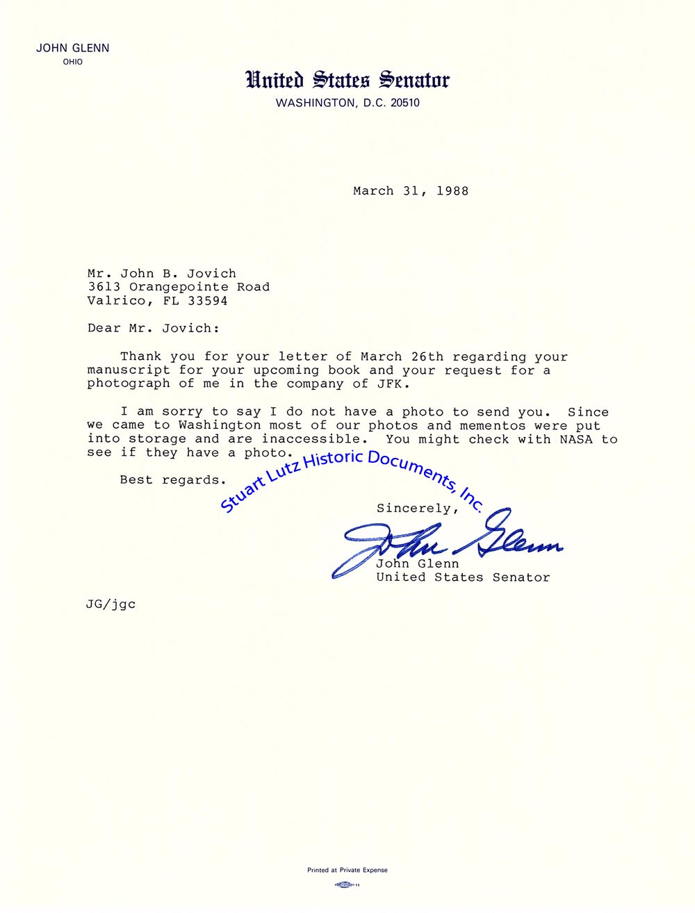 [Signé] A John Glenn Signed Letter As Senator, Regarding JFK JOHN GLENN [ ]