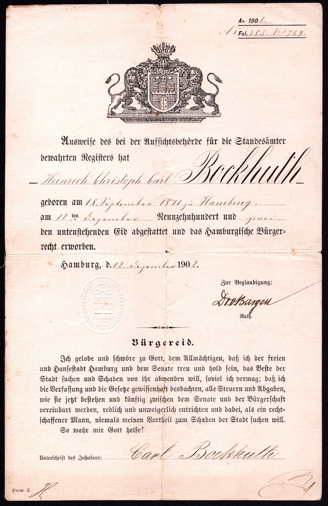 Bürgereid Hamburg / Erwerb des Hamburgischen Bürgerrechts. 