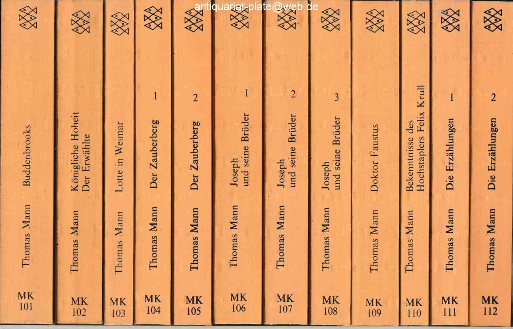 Thomas Mann Werke. Taschenbuchausgabe in 12 Bänden. Band I. Buddenbrocks. Verfall einer Familie. Band II. Königliche Hoheit. Der Erwählte. Band III. Lotte in Weimar. Band IV und V: Der Zauberberg. Band VI, VII und VIII: Joseph und seine Brüder. Band IX: Doktor Faustus. Das Leben des deutschen Tonsetzters Adrian Leverkühn erzählt von einem Freunde. Band X: Bekenntnisse des Hochstaplers Felix Krull. Band XI und XII: Erzählungen. - Mann, Thomas