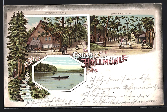 Lithographie Penig, Gasthaus Höllmühle mit Garten und Colonade (1900