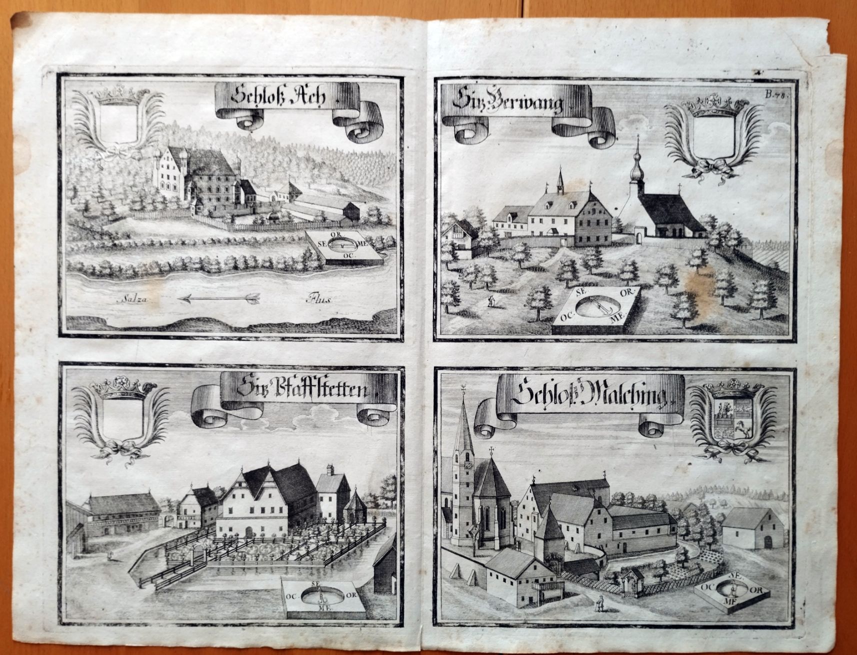 Schloß Malching. Sitz Pfaffstetten. Schloß Ach. Sitz Berwang. - 4 Ansichten Auf Einem Blatt. Bavarica Und Monacensia-image