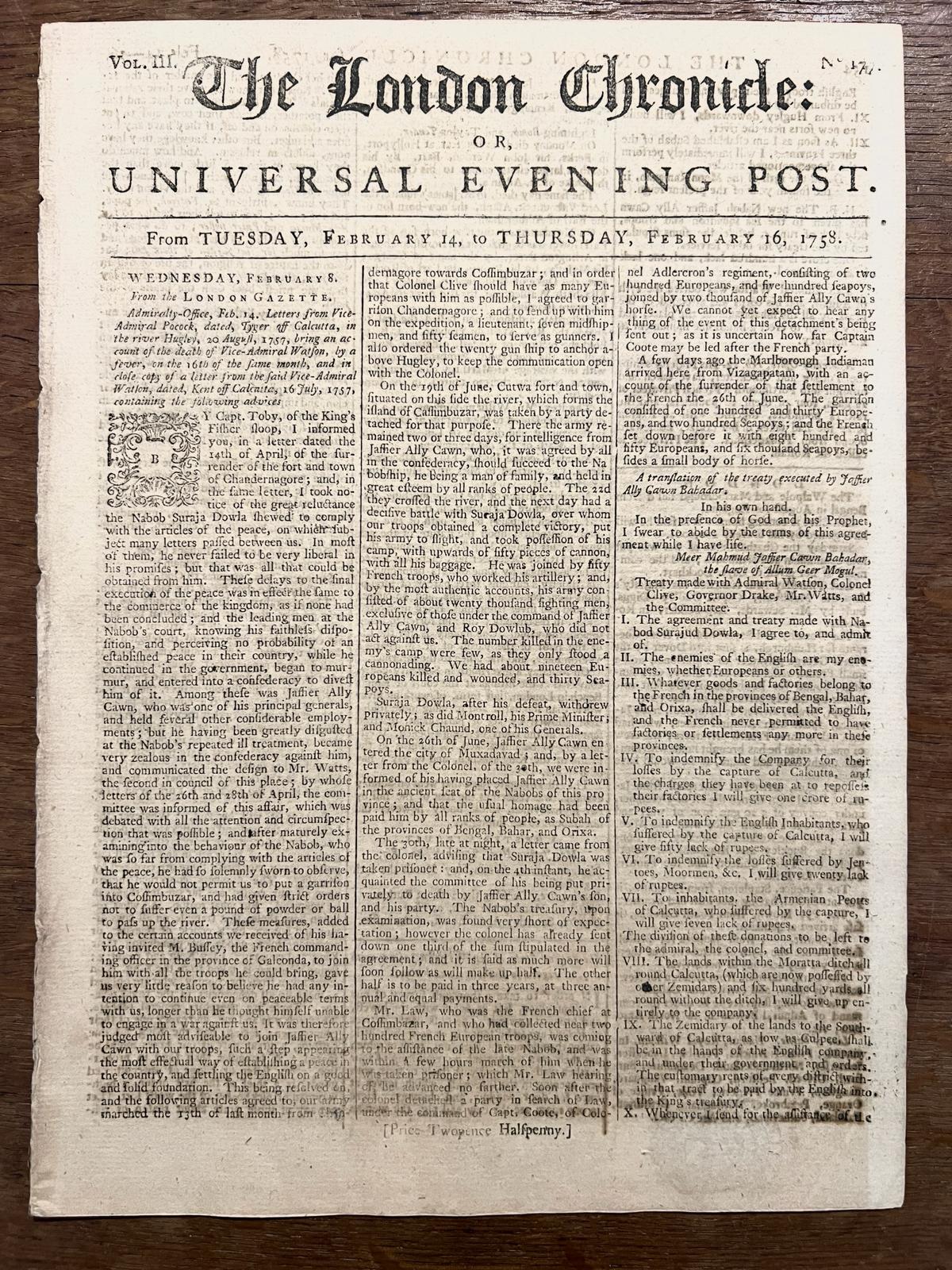 Antique newspaper UK 1758 | The London Chronicle or