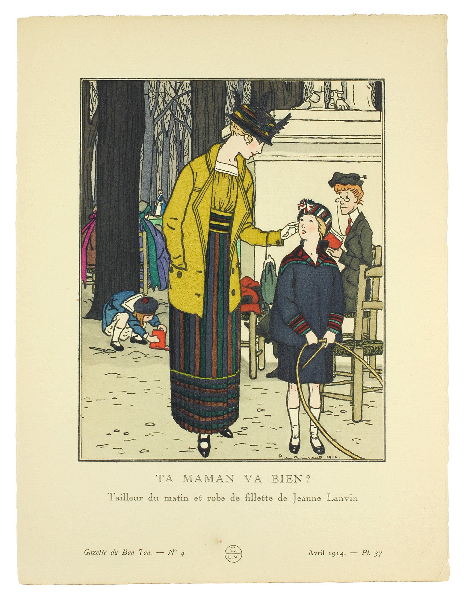 Gazette du Bon Ton. Art, Mode et Frivolités. "Ta Maman Va Bien? Tailleur du matin et robe de fillette de Jeanne Lanvin." Avril 1914, Pl. 37 Vogel, Lu