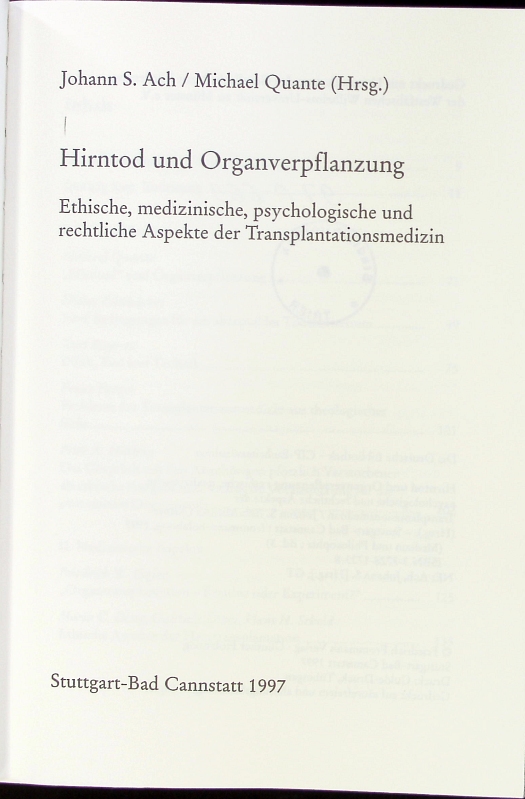 Hirntod und Organverpflanzung. - Ach, Johann S.
