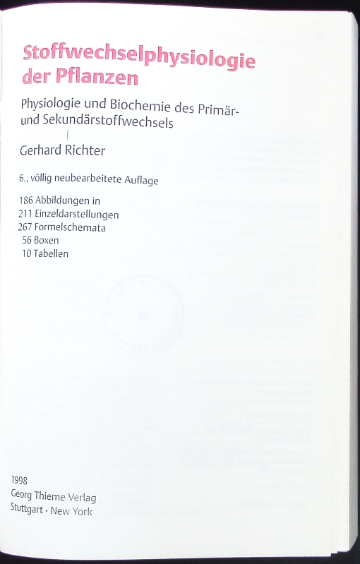 Stoffwechselphysiologie der Pflanzen. - Richter, Gerhard
