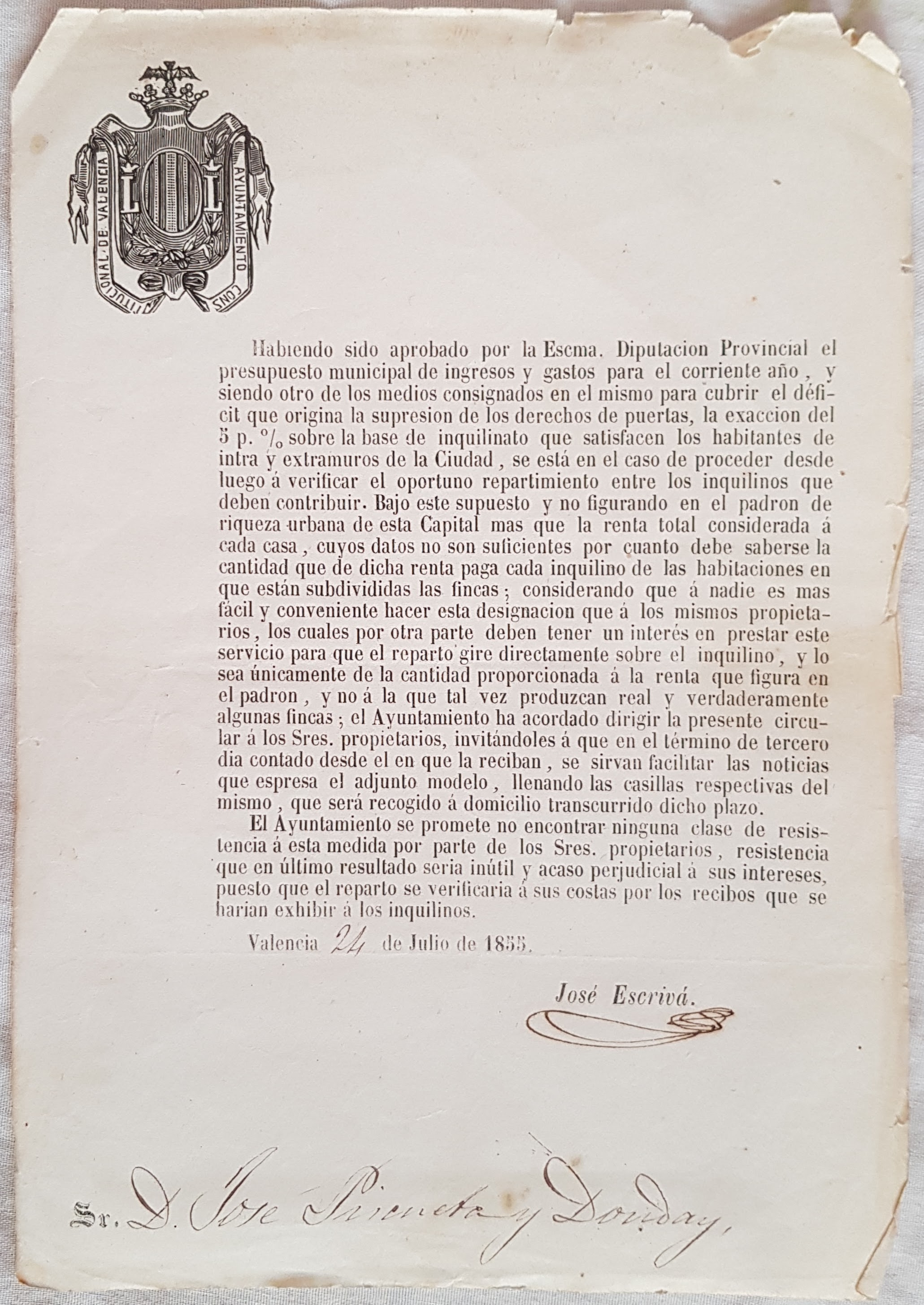 CIRCULAR A LOS SRES PROPIETARIOS DE LAS FINCAS (José Pizcueta y Donday ...