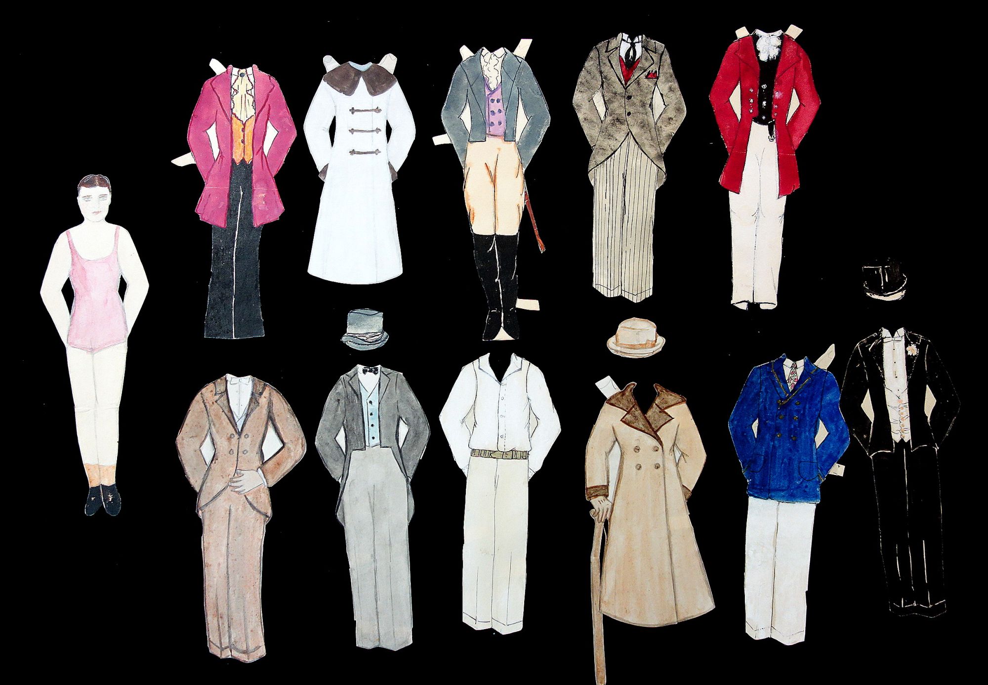 8" Handmade Watercolor Male Paper Doll named Drake Shelbourne with 11 Costumes & 3 Hats - Contemporary and Historical Attire c1940s [ ]