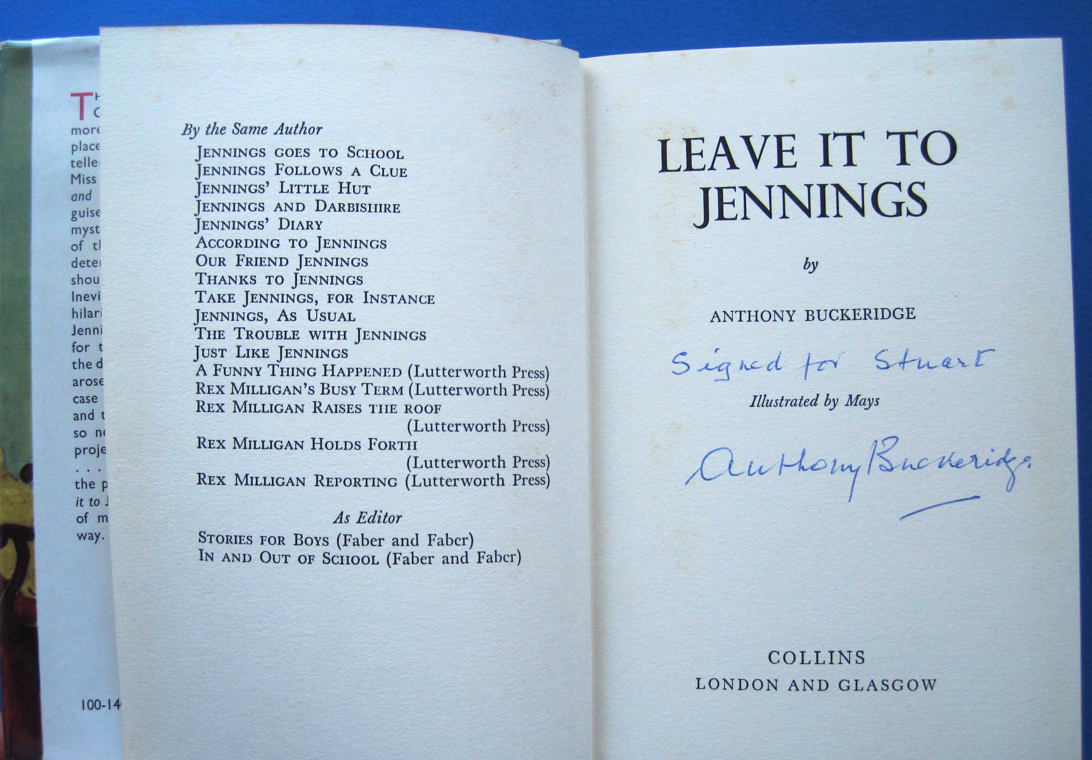 Leave it to Jennings - Author Signed by Buckeridge, Anthony: Near Fine ...