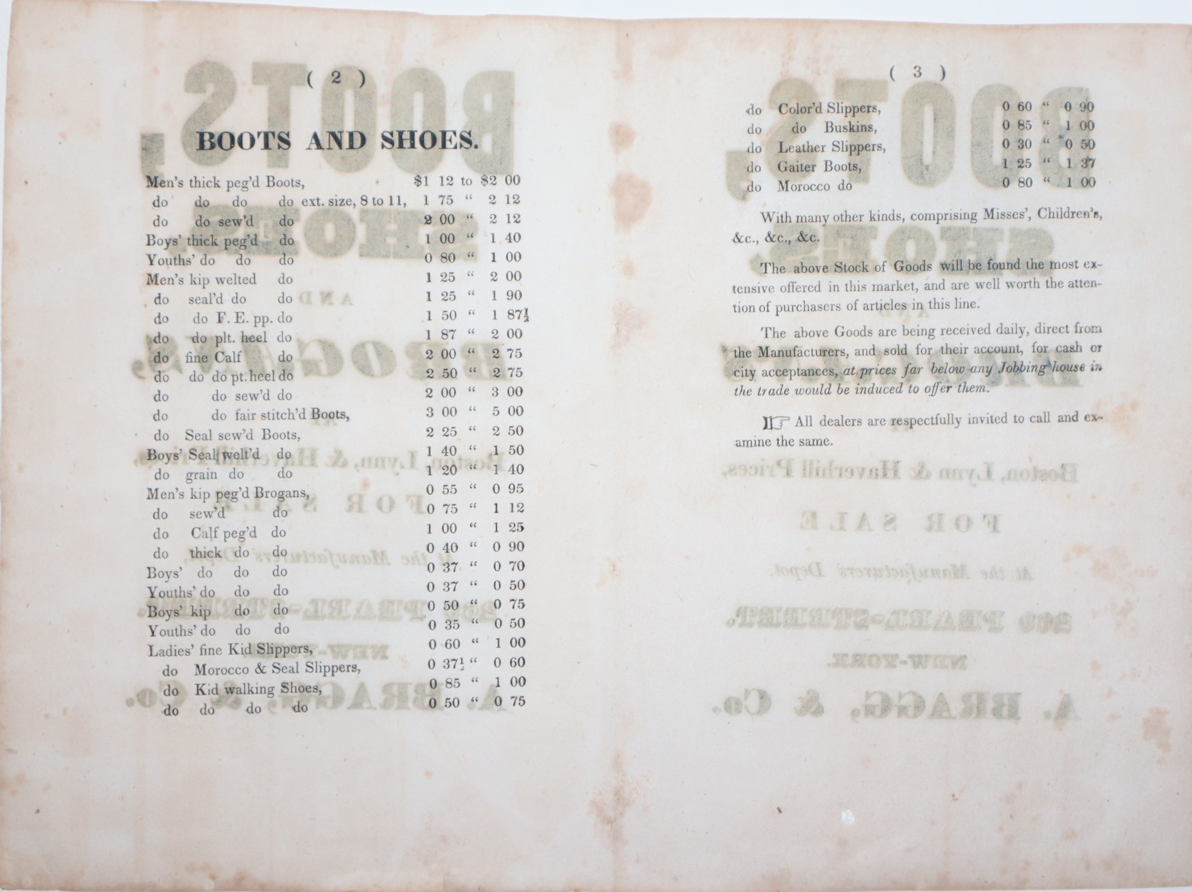 [Advertisement] Boots, Shoes and Brogans at Boston, Lynn & Haverhill Prices, For Sale at the Manufacturers' Depot, 269 Pearl Street, New-York. A. Bra