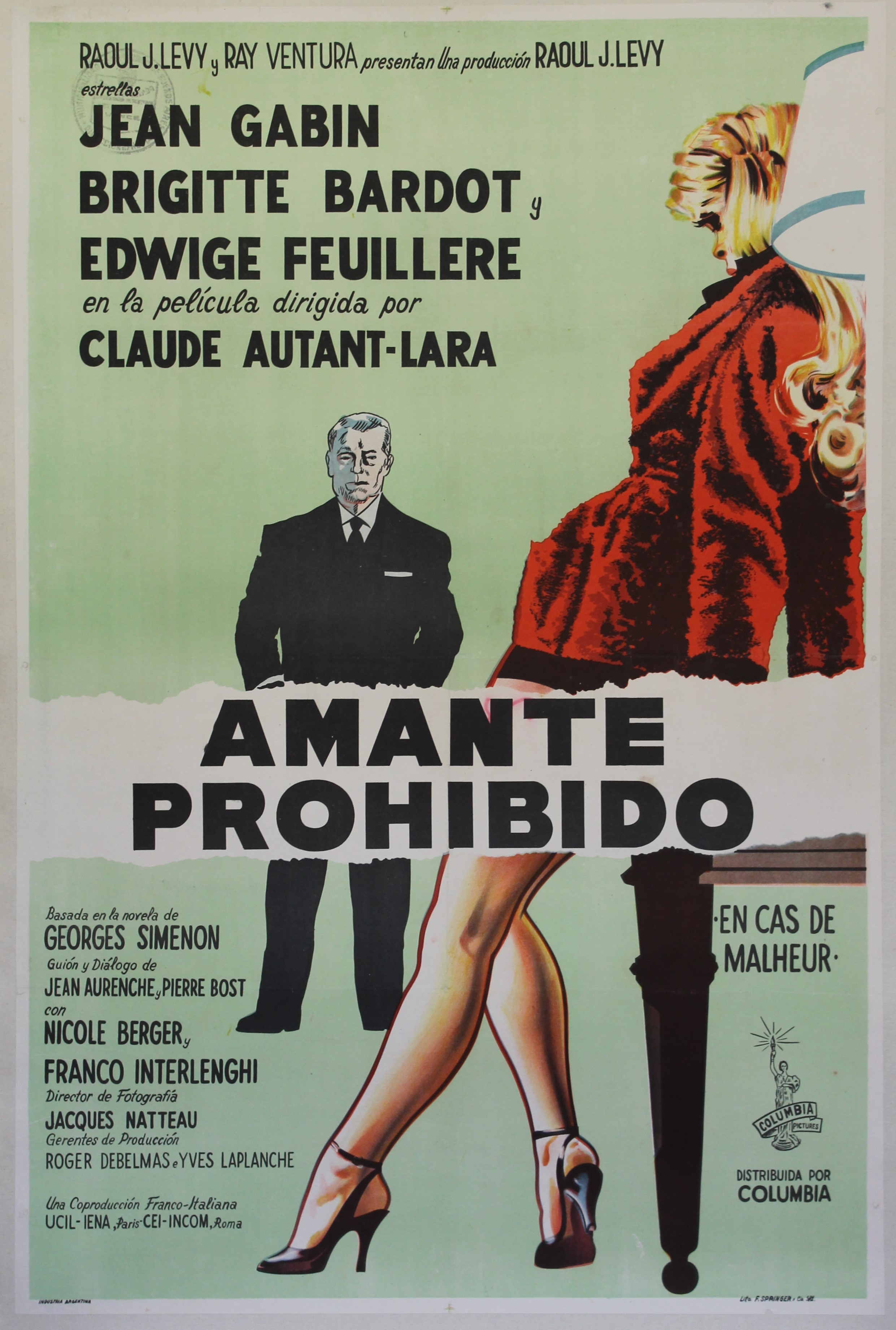 "EN CAS DE MALHEUR" Réalisé par Claude AUTANT-LARA en 1958 d'après le roman de Georges SIMENON avec Jean GABIN, Brigitte BARDOT / Affiche argentine o