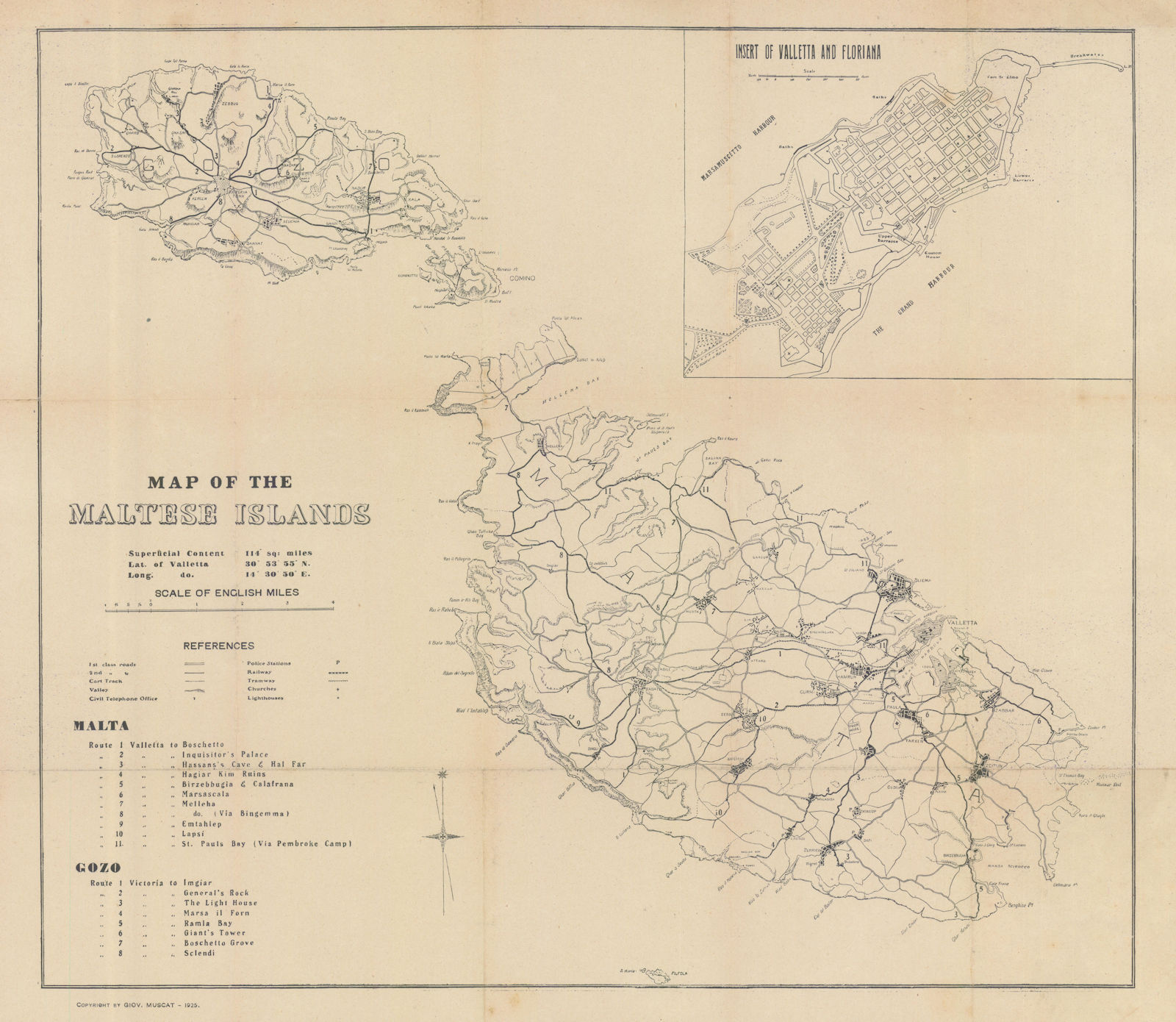 Muskat Insert Map of the Maltese Islands // Insert of Valletta and Floriana von ...