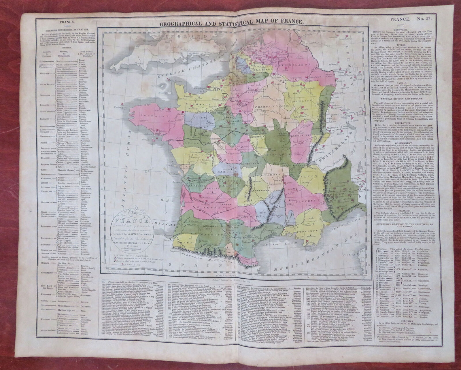 Kingdom of France Ancien Regime Historical 1821 Phila. M. Carey hand color map [Satisfaisant]