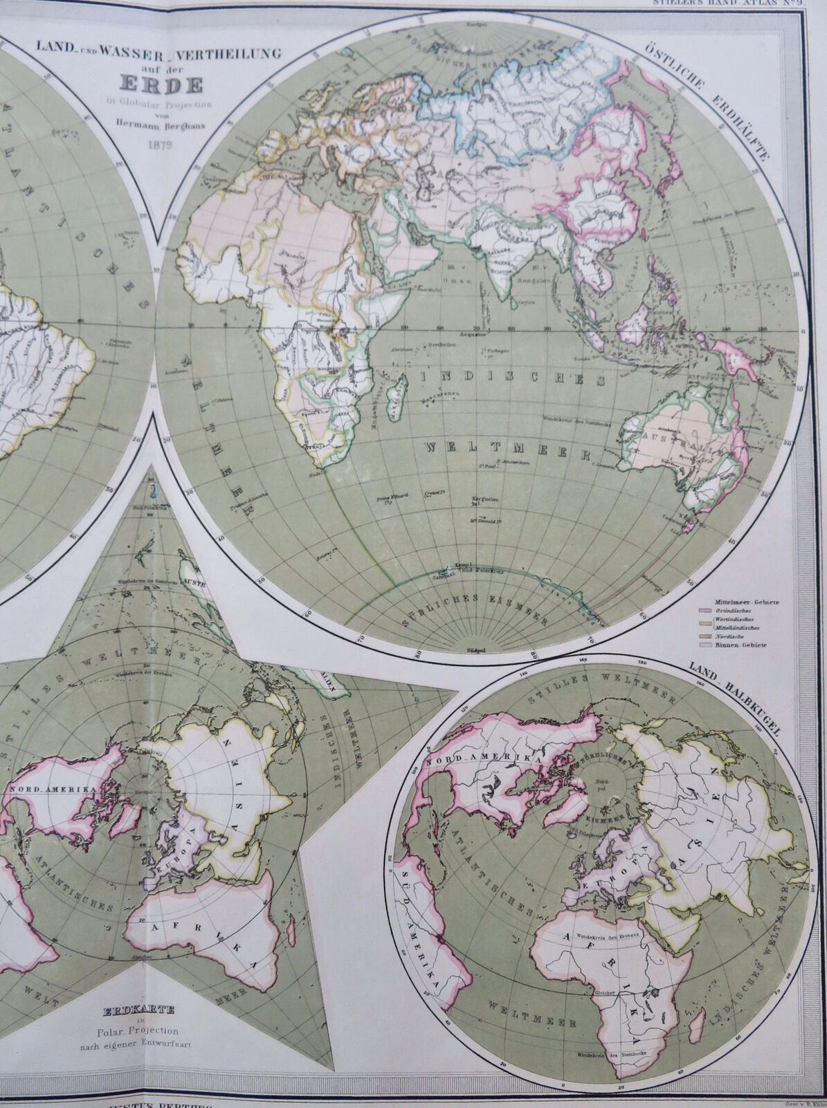 World Map Polar Projection East & West Hemispheres 1880 Stieler ...
