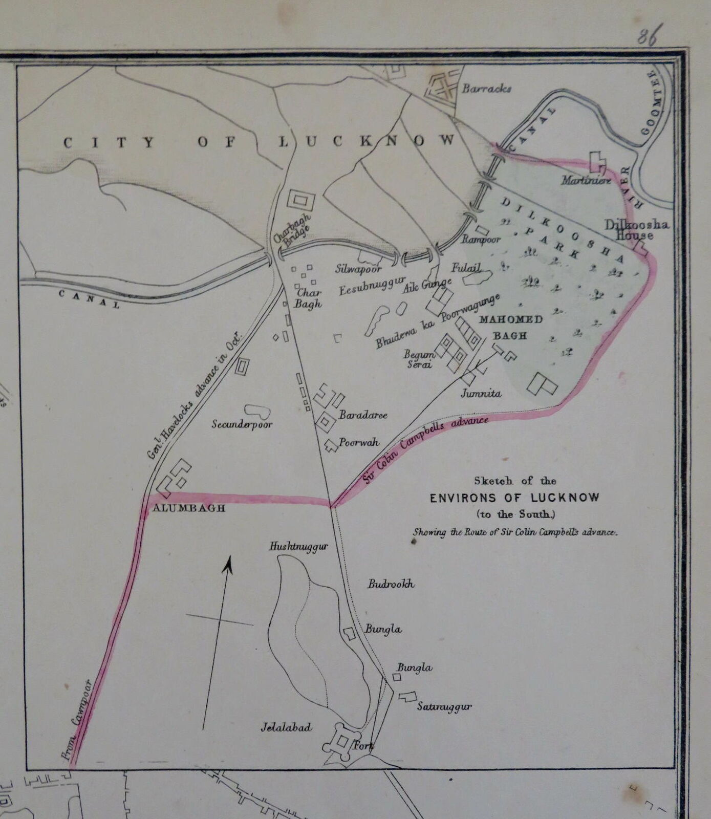 Lucknow British India Residency Palaces c. 1856-72 Weller city plan map ...