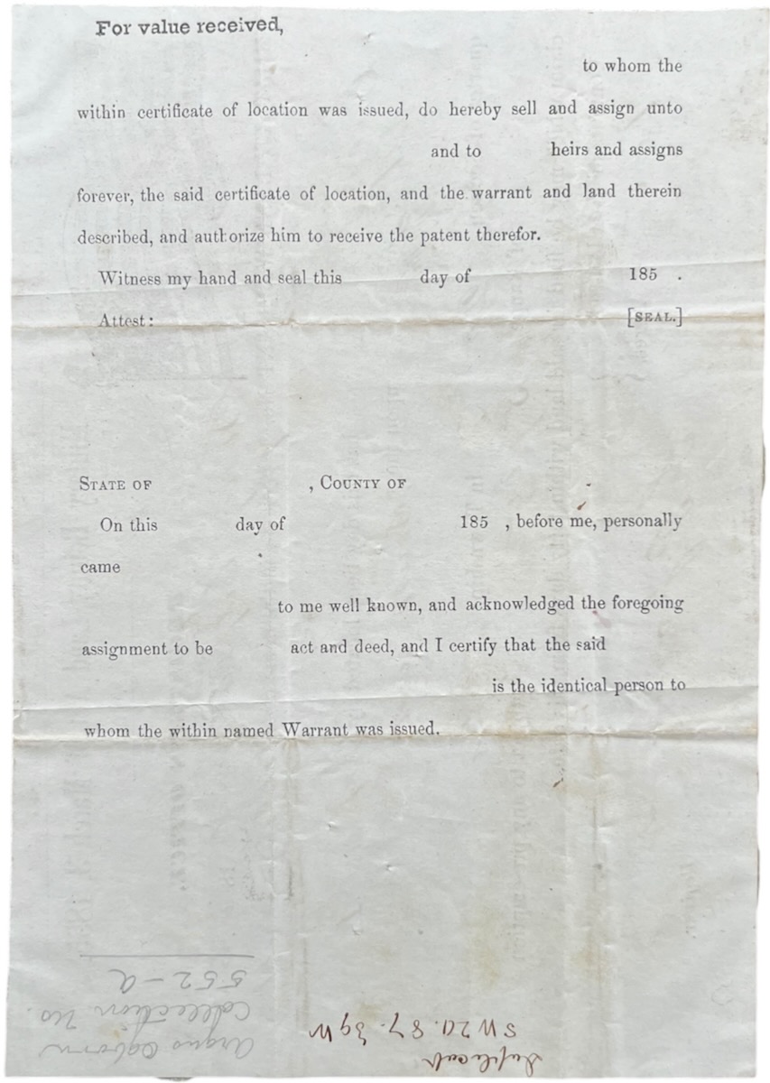 Military Bounty Land Act of March 3, 1855. Military Land Warrant for Grant of Land in the name of William Colley. U.S. ARMY [ ]