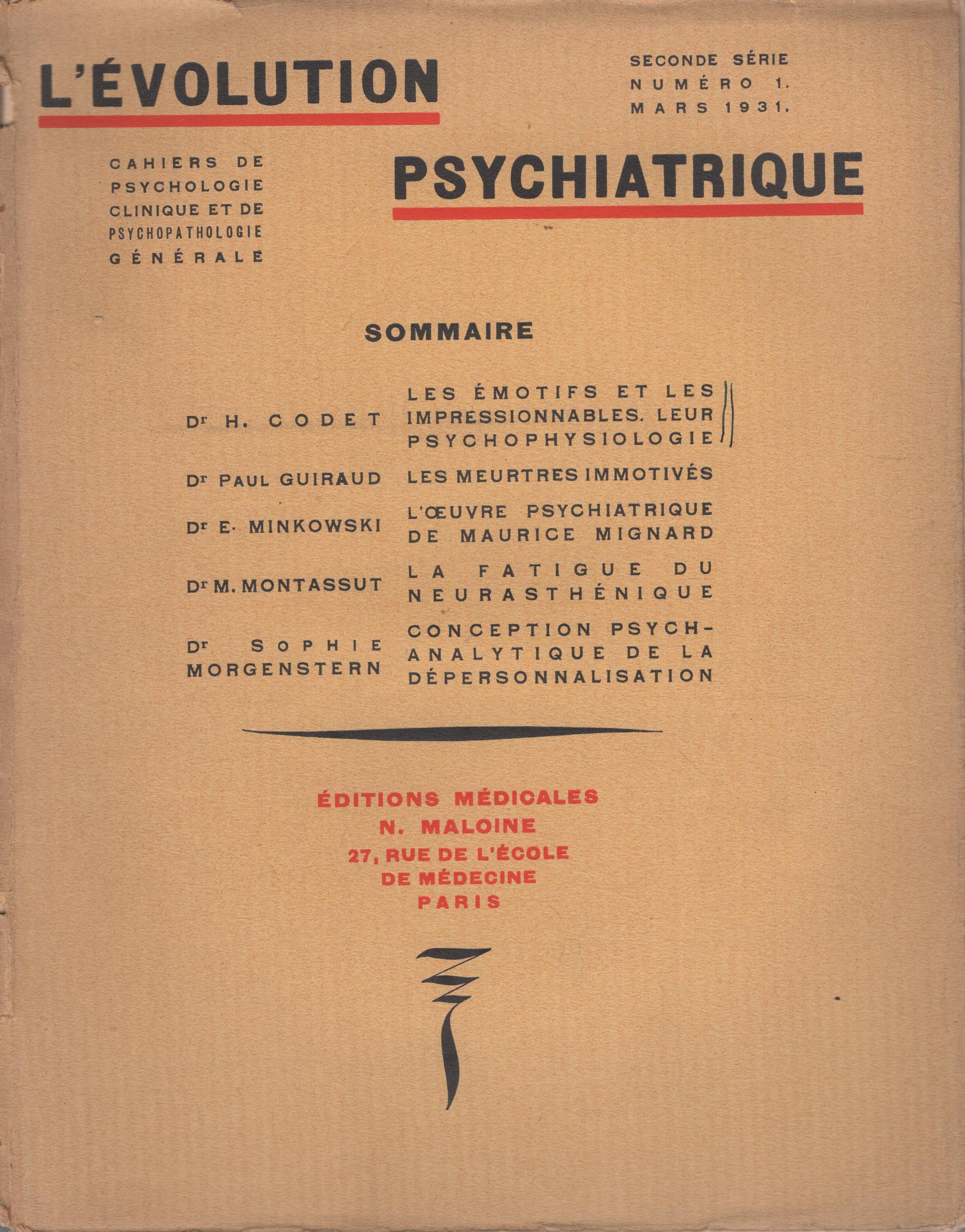 l'Evolution Psychiatrique n ° 1 mars 1931 by Eugène Minkowski & Paul ...