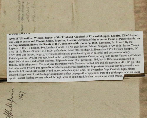 Impeached Rarity Acquittal Of Edward Shippen, Esquire, Chief Justice, And Jasper Yeates ...