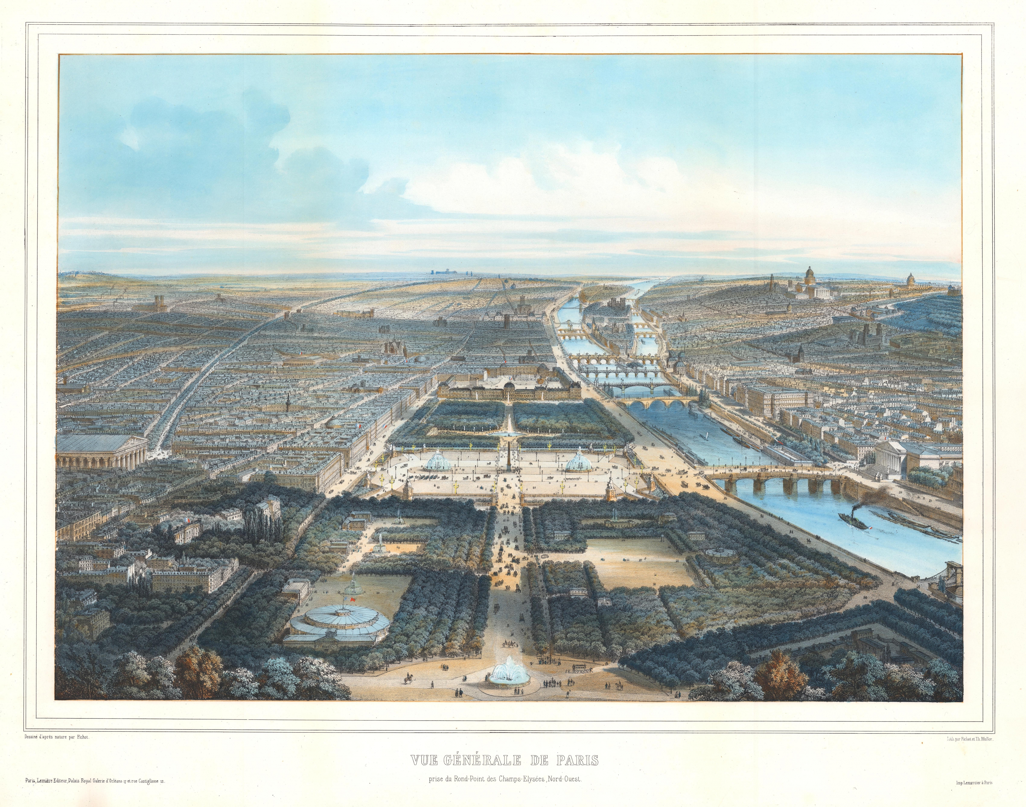 Vue Generale de Paris prise du Rond-Point des Champs-Elysees, Nord-Ouest. 1897 Fichot Bird's-Eye View Map of Paris, France [ ]