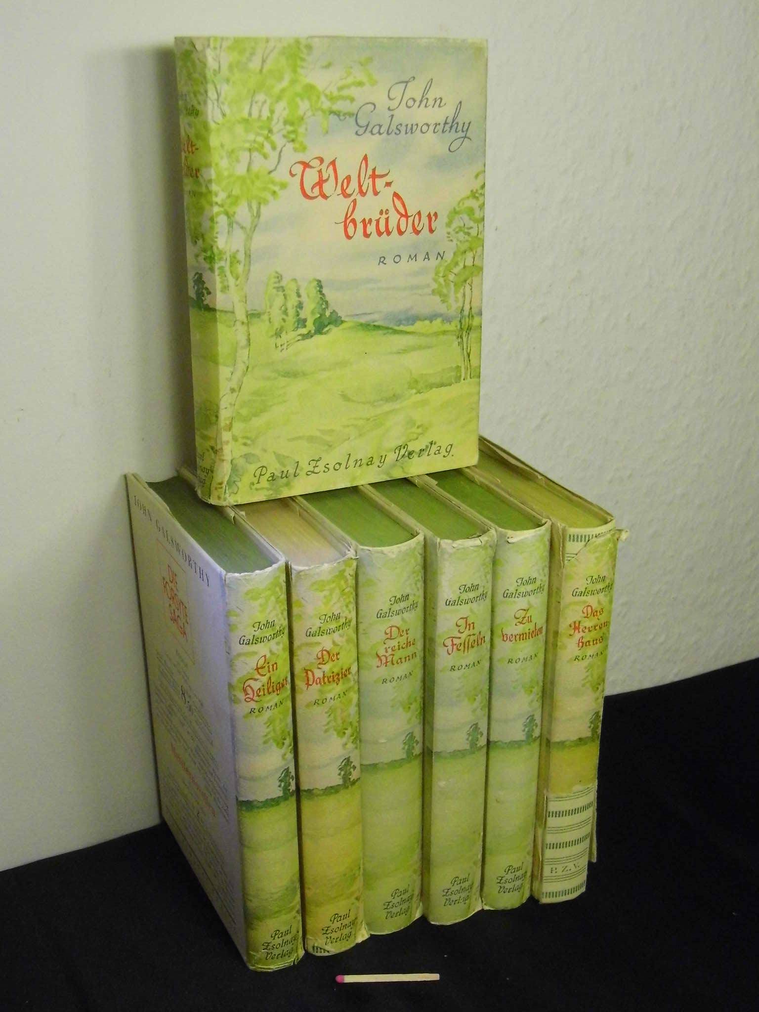 Sonderausgabe des Paul Zsolnay Verlages anlässlich der Verleihung des Nobelpreises an John Galsworthy (7 von 8 Büchern): Weltbrüder + Ein Heiliger + Der Patrizier + Der reiche Mann + In Fesseln + Zu vermieten (Forsyte Saga) + Das Herrenhaus - Roman - - Galsworthy, John -