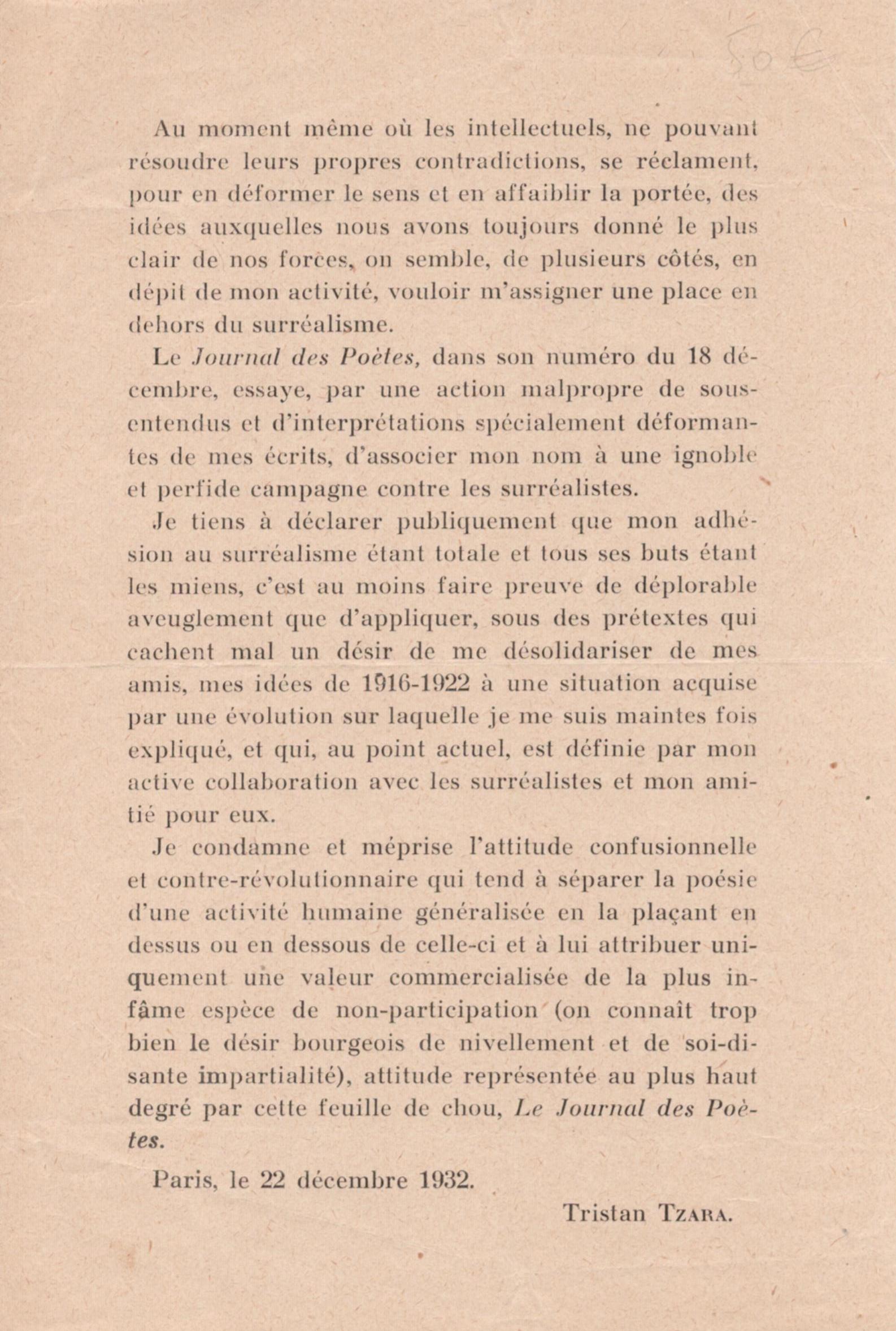 Au moment même où les intellectuels... : tract. [Tract surréaliste]. TZARA Tristan. [Très bon]