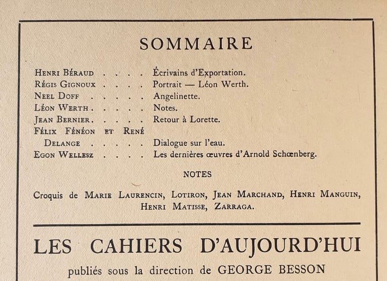 Les cahiers d?aujourd?hui: n°6, septembre 1921. MATISSE (Henri). LAURENCIN (Marie). FENEON (Félix). DELANGE (René). ZARRAGA (Angel). WERTH (Léon). BE