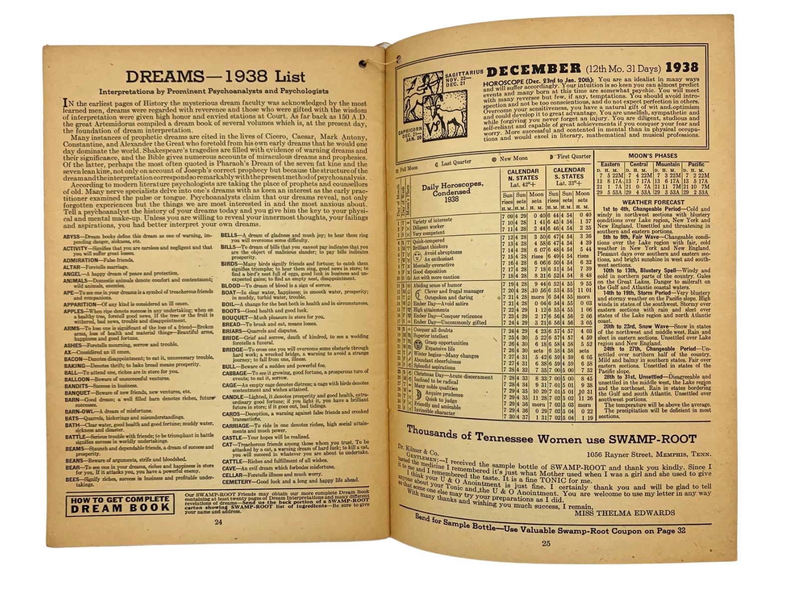 Swamp-Root Almanac and Dream Book 1938 Dr. Kilmer & Co [Satisfaisant] [Couverture souple]