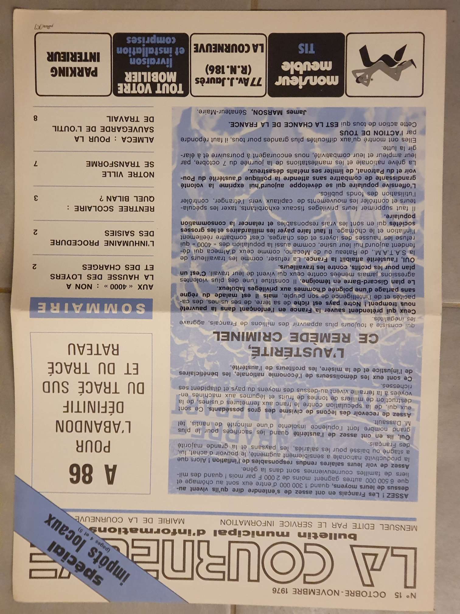 Affiche La COURNEUVE réunion Mireille BERTRAND tracé SNCF AUTOROUTE A86 – 1976 Collectif [Bon] [Couverture souple]