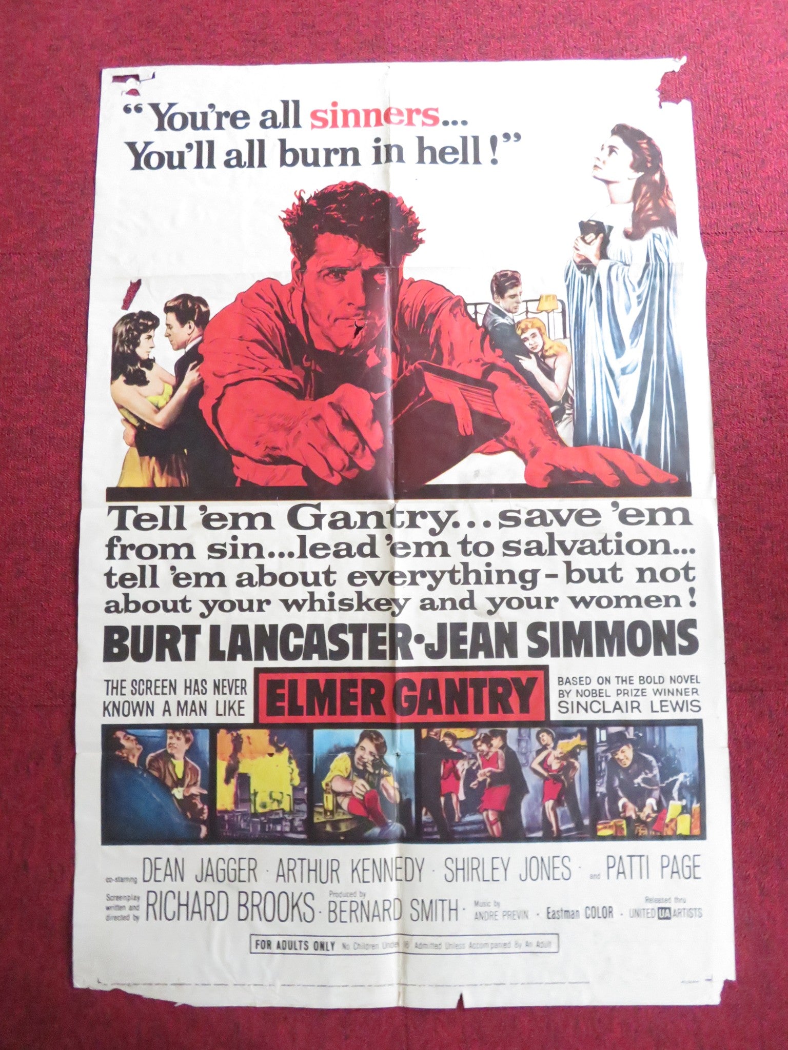 ELMER GANTRY FOLDED US ONE SHEET POSTER BURT LANCASTER JEAN SIMMONS 1960 [Mauvais]