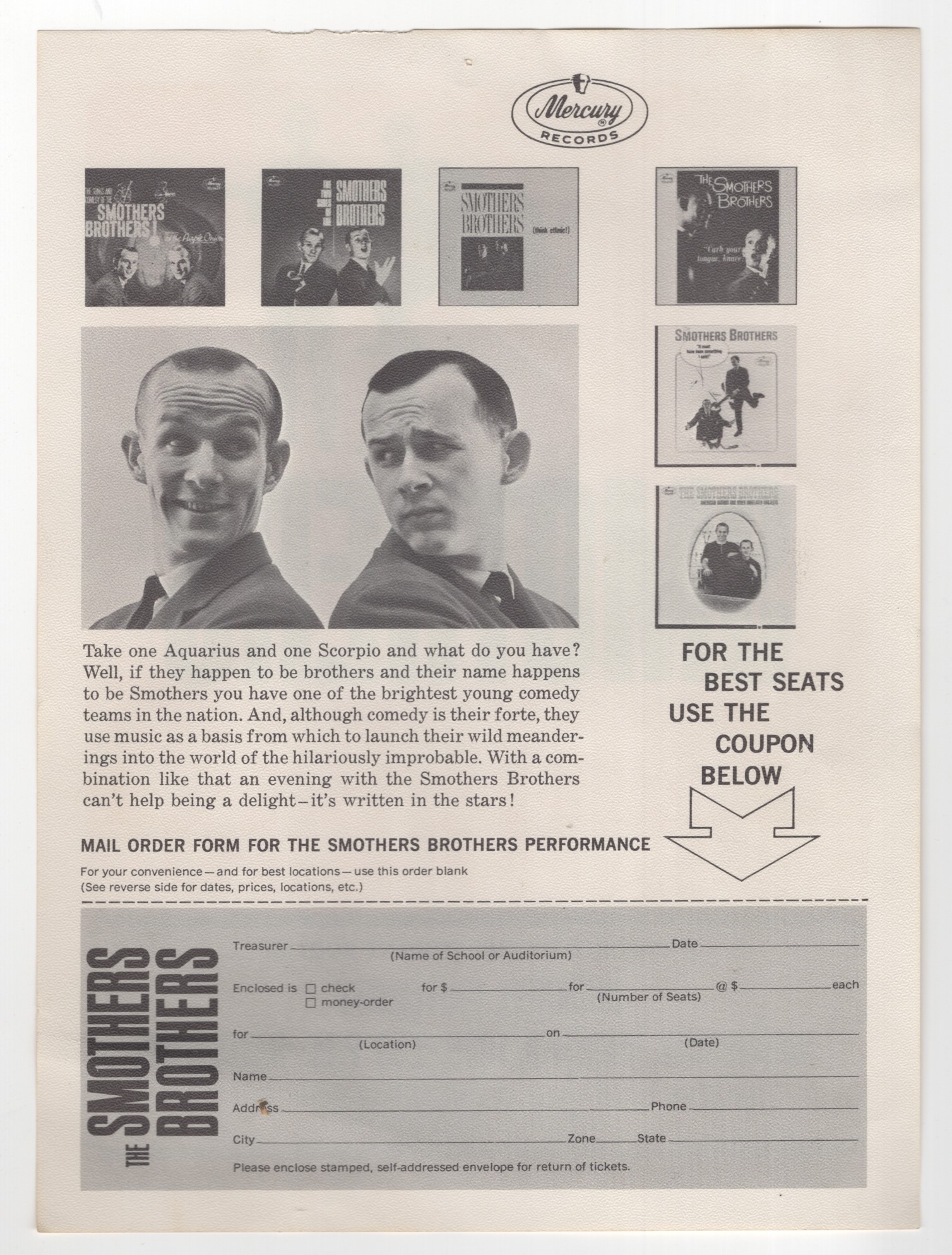 The Smothers Brothers at Bucknell University, March 3, 1965: Concert Flyer Advertising their Performance, with Mail Order Form for Tickets on Back Si