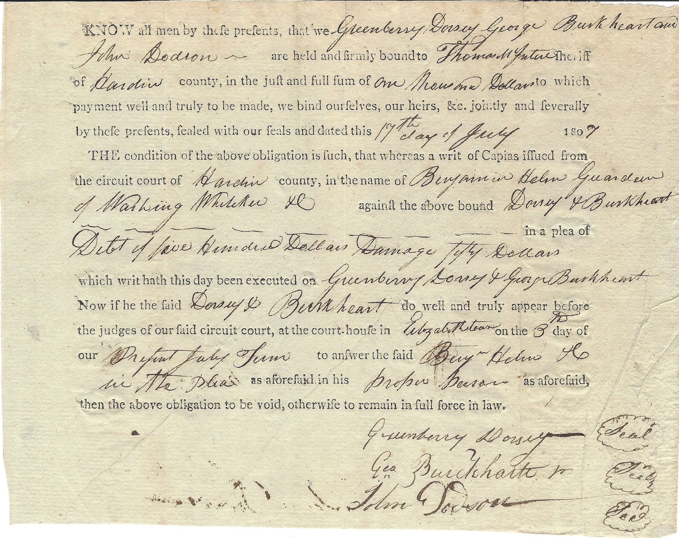 [Signed] Friend Of Abraham Lincoln's Father, George Burckharte, Signs Bond In 1807 [Used - Very good]