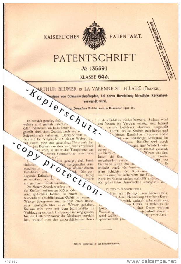 Original Patentschrift - Dr. A. Blumer in La Varenne St. Hilaire ...