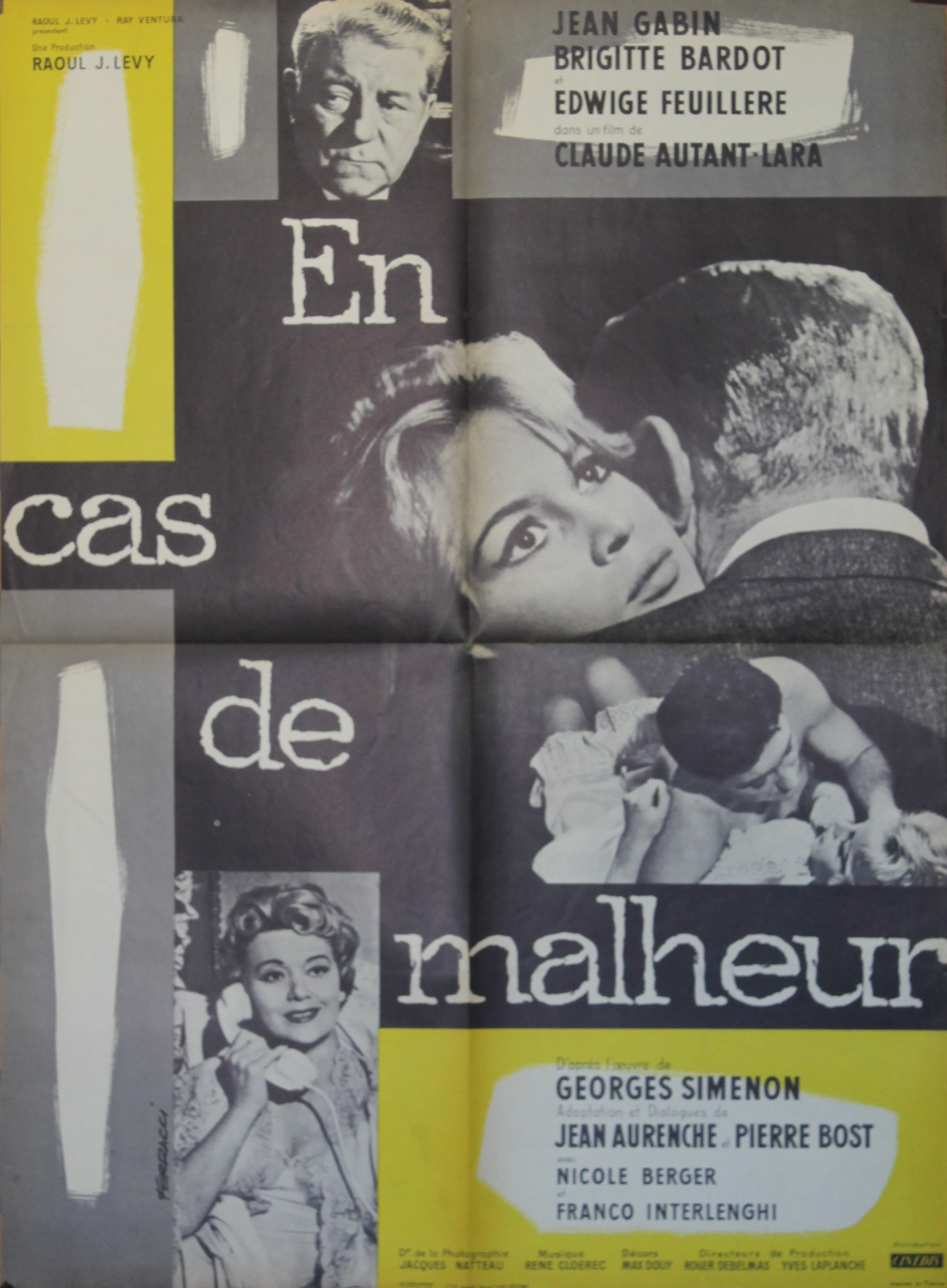 "EN CAS DE MALHEUR" Réalisé par Claude AUTANT-LARA en 1958 d'après le roman de Georges SIMENON avec Jean GABIN, Brigitte BARDOT, Edwige FEUILLÈRE, Fr